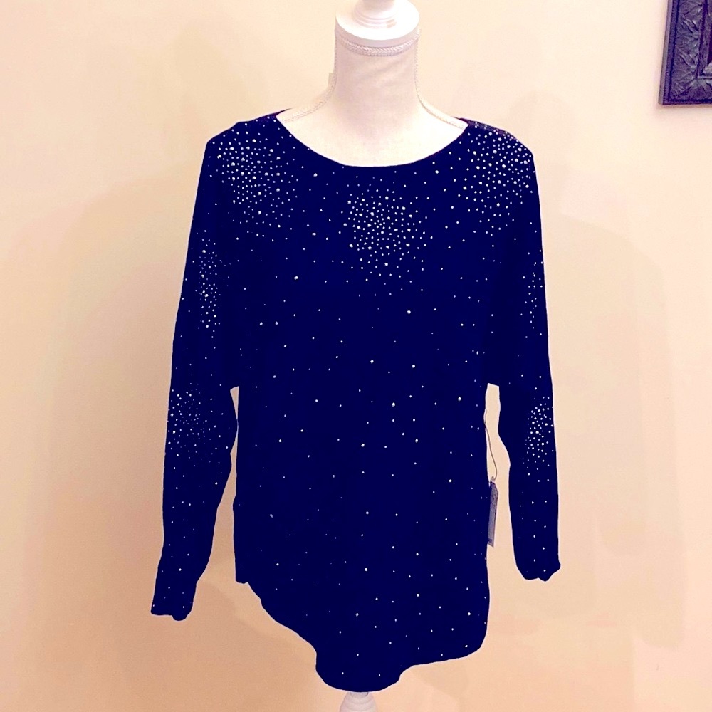Beautiful Black Shiny Sweater With Dolman Sleeves and Shirttail Hem - Size M